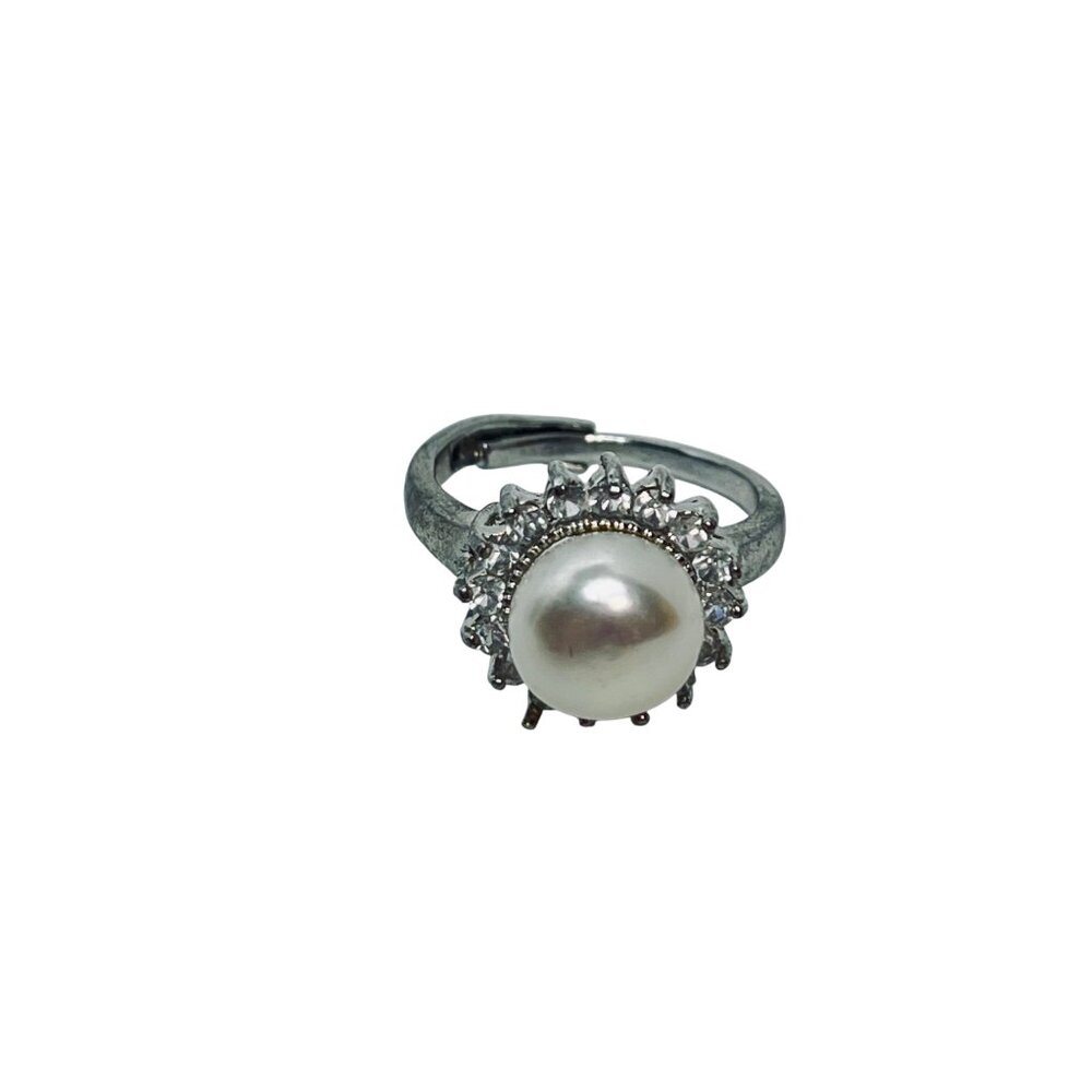 Silver Tone Faux Pearl & Clear Rhinestone Adjustable Statement Ring (R449) - Picture 6 of 9